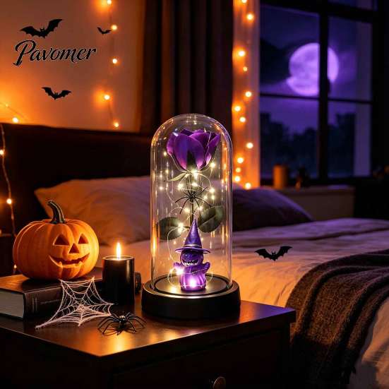 Spider Theme Party Props Halloween Indoor Light Up Rose In Plastic Dome Cloche, Artificial Preserved Decorative Glass Cloche Display Night with
