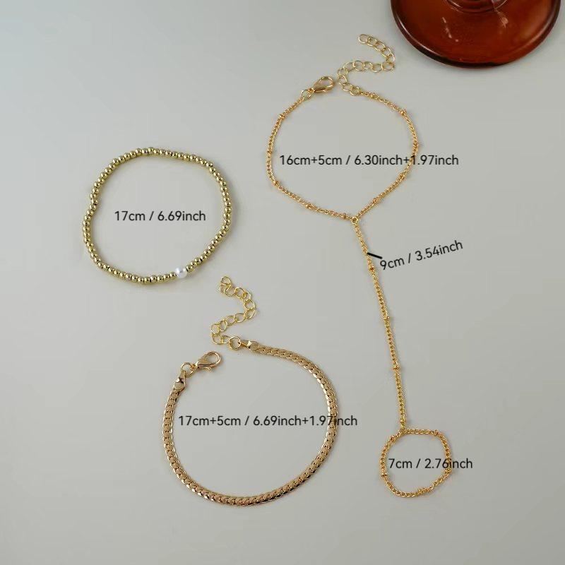 3pcs Minimalist Finger Chain Bracelet Set, Flat Snake Chain & CCB Beads, Suitable For Women Daily, Dating, Party, Music Festival