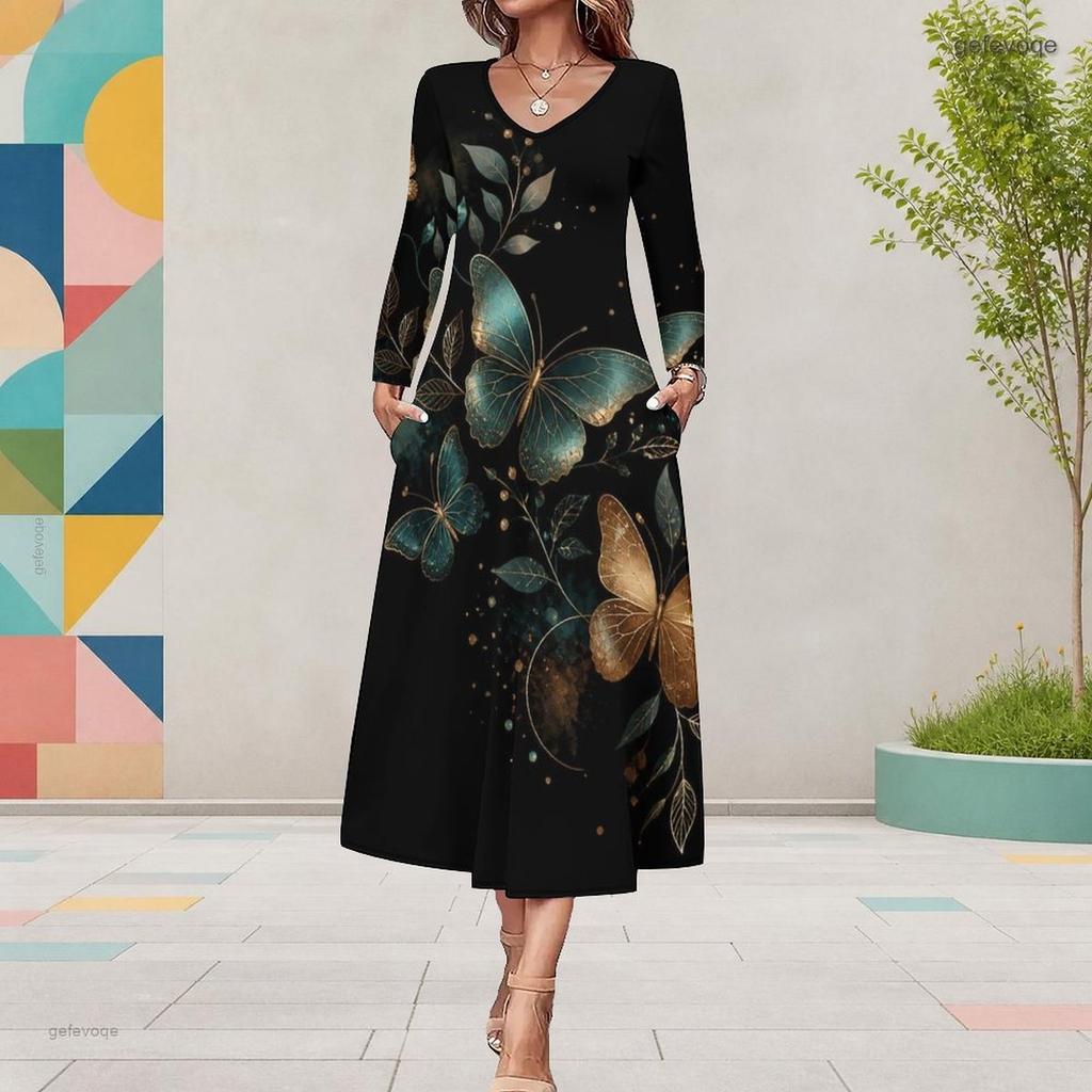 Women Plus Size V Neck Long Sleeve Butterfly Printed Black A Line Midi Dress With Pockets
