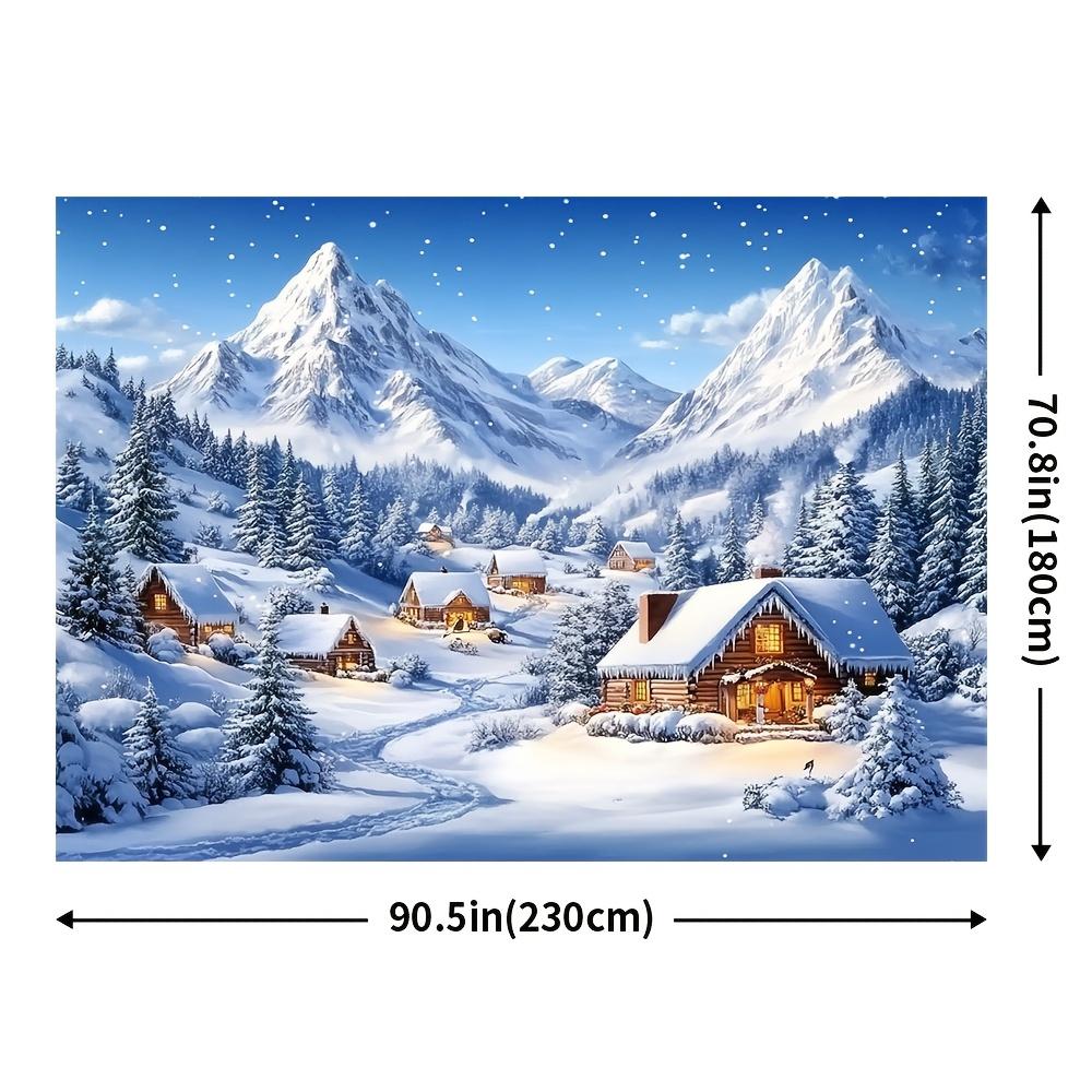 1 piece of rural winter wonderland background cloth - Christmas town and snow-capped mountain pine forest scene, polyester