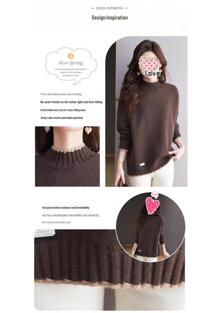 Plus Size Color Block Half-High Neck Sweater - Women's Loose Autumn/Winter Knit Pullover