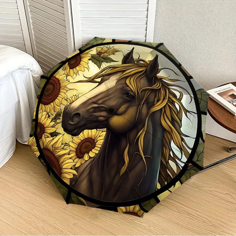 

1PC Stained Horse Head Automatic 8-Bone Folding Umbrella - Durable Polyester & Iron Frame,Userfriendly Operation y250929133