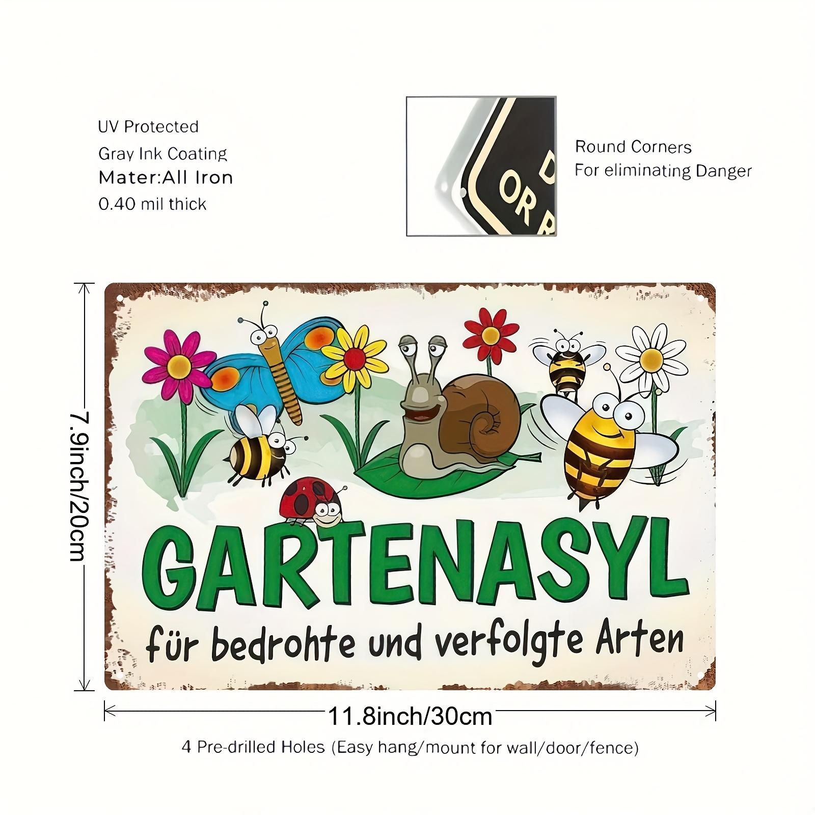 

Exquisite German Metal Sign Garden Sanctuary for Endangered and Harassed Species Featuring Playful Garden Illustrations 20x30cm（7.8x11.8inch）