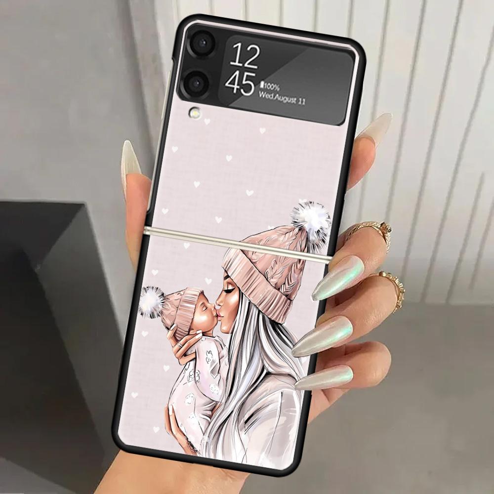 Mom Baby Girls Hard PC Phone Case For Samsung Galaxy Z Flip 6 5 4 3 Black Cover ZFlip6 Flip5 Flip4 5G Foldable Print Cases