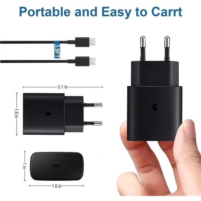 Chargeur Rapide 25W - ZISONIX - USB-C - Compatible Samsung S22/S21/S20 - Câble 1M - Noir