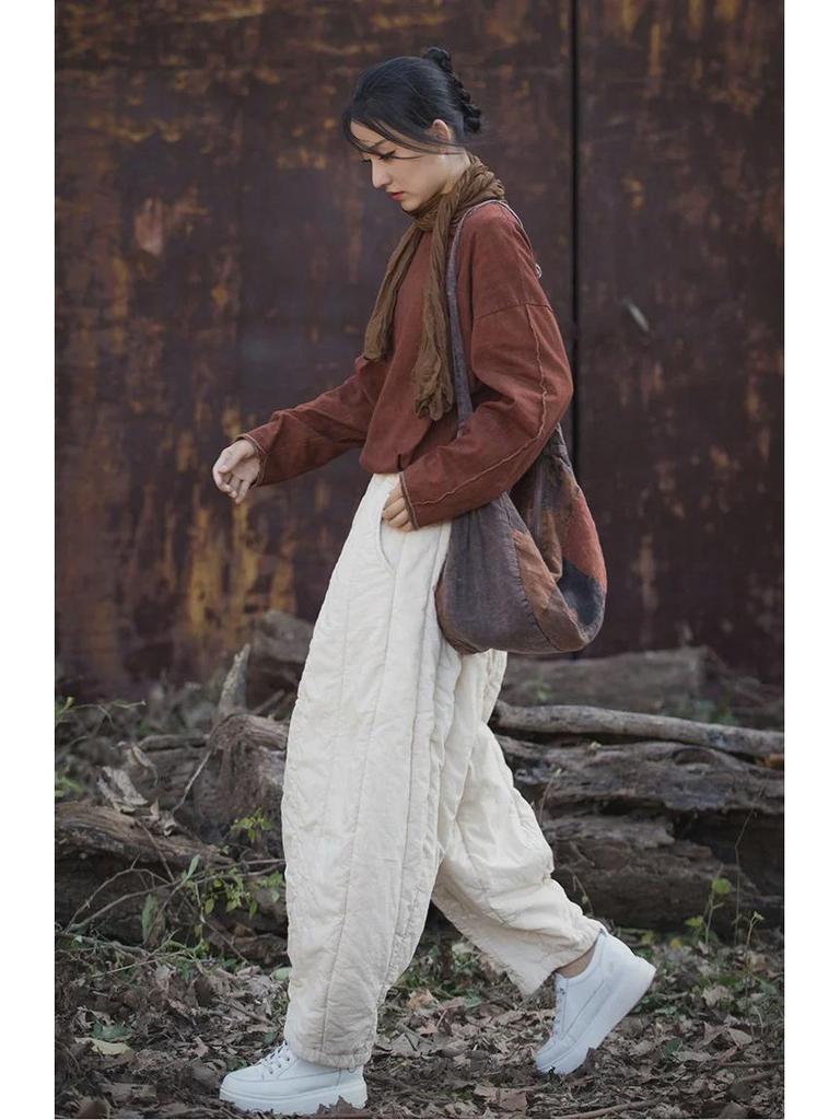 Women's Quilted Cotton-Linen Bloomers: Warm, Loose Carrot Pants for Autumn/Winter