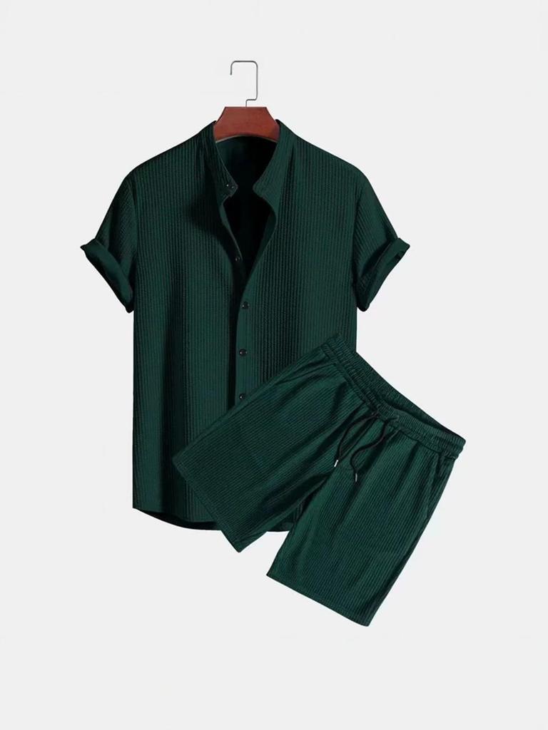 Men's Casual Loose Multi-Color Ribbed Short Sleeve Beachwear Two-Piece Set
