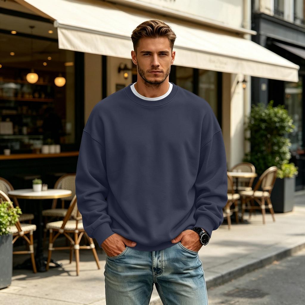 Men's Lined Crewneck Long Sleeve Sweatshirt Casual Loose Fit Pullover for Fall Winter