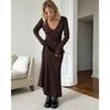 Long Sleeved Knitted Skirt for Autumn and Winter, Bottom Woolen Dress, V-neck French Sexy Dress