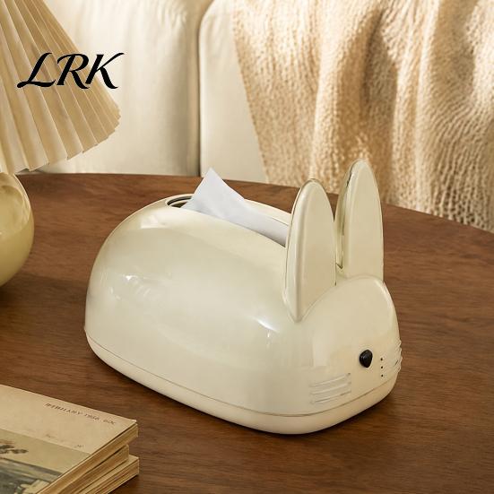 Bedroom Bedside Table Accessory Cute Rabbit Shape Tissue Box, Decorative Plastic Facial Dispenser, Round Bunny Ear Box Cream Style Napkin Case