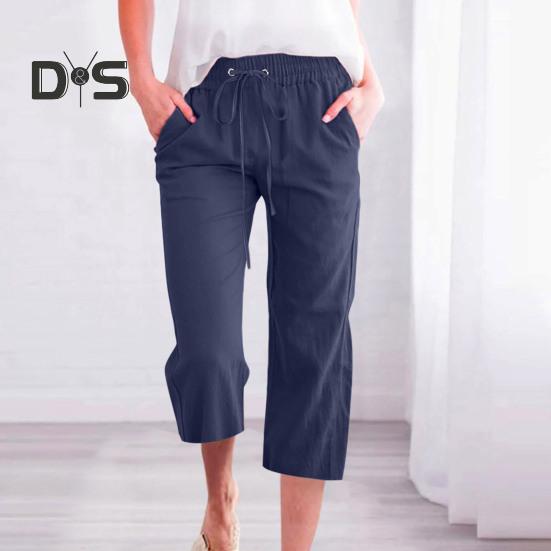 Frauen Sommer Hosen Jogginghose Einfarbig Gerade Weiche Elastische Taille Kordelzug Hosen Mittlere waden Länge Geerntete Hosen