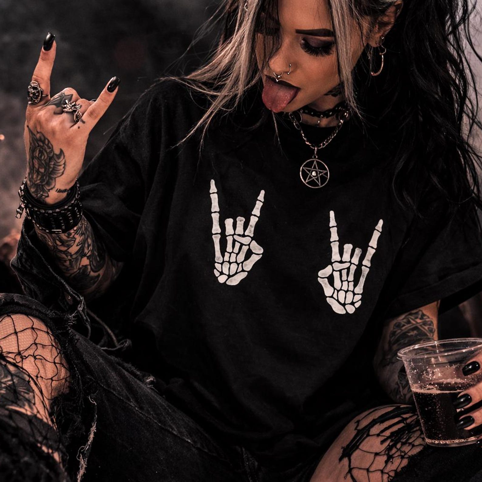 Skeleton Hands Rock On T-Shirt - Metal Horns Skeleton Graphic, Funny Goth Biker Tee, Edgy Alternative Streetwear 3XL