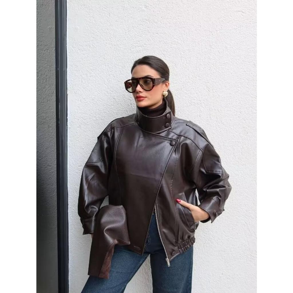 Winter Women's Retro Street Style Faux Leather Jacket Lychee Pattern European American Style Hot Sale In Stock
