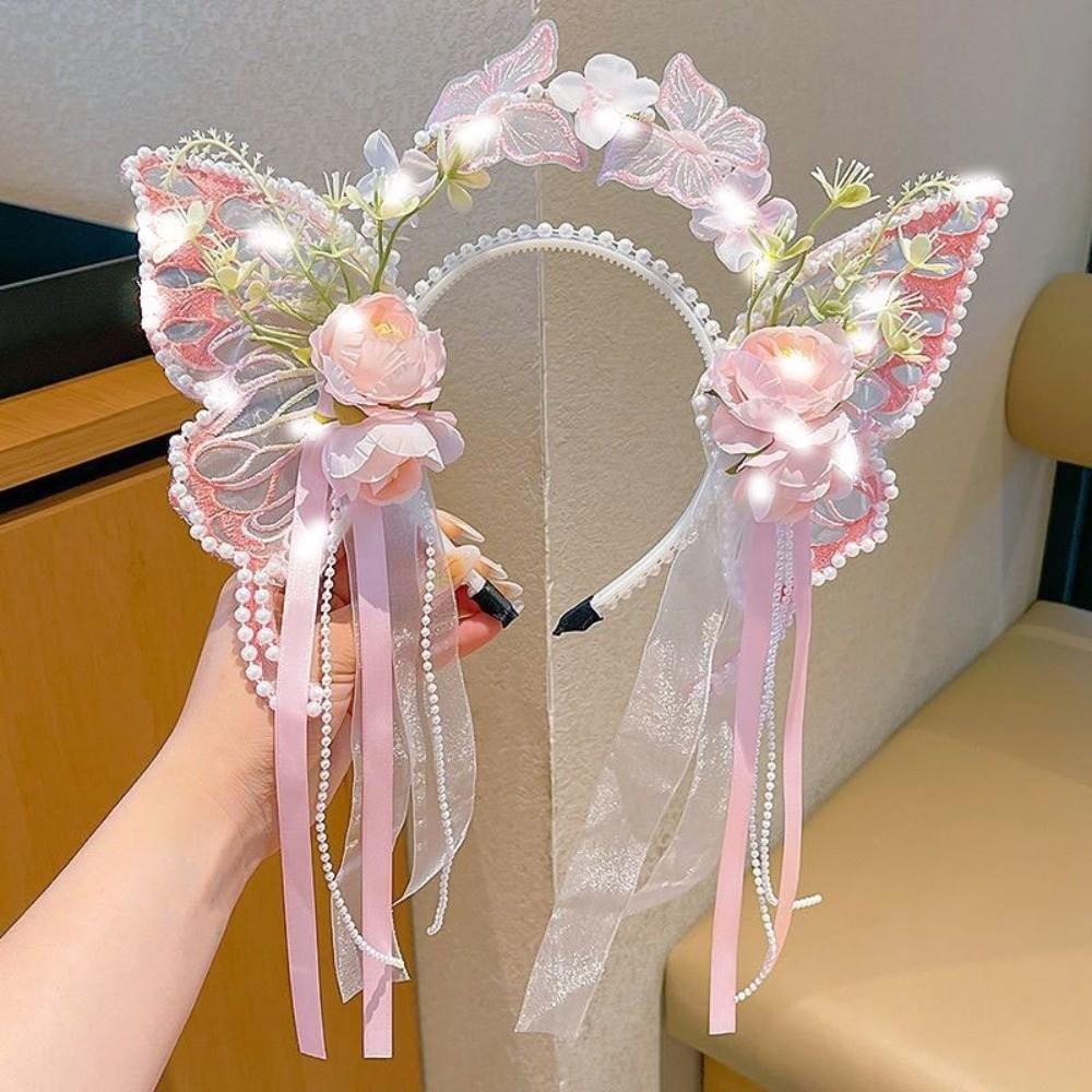 Silk Ribbon Butterfly Flowers Hairband Pearl Beads Decorative Headwear Floral Headwear  Women Wear
