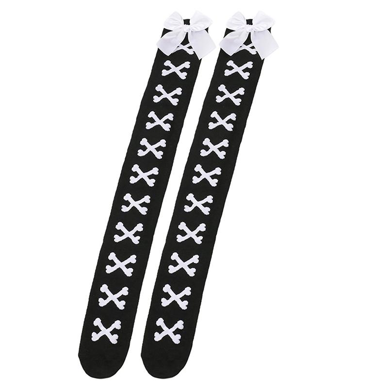 1 Paar Mädchen Schwarz Süß Niedlich Rosa Y2K Harajuku Lolita Oberschenkelhohe Strümpfe Mädchen Knochen Schleife Socken Streetwear