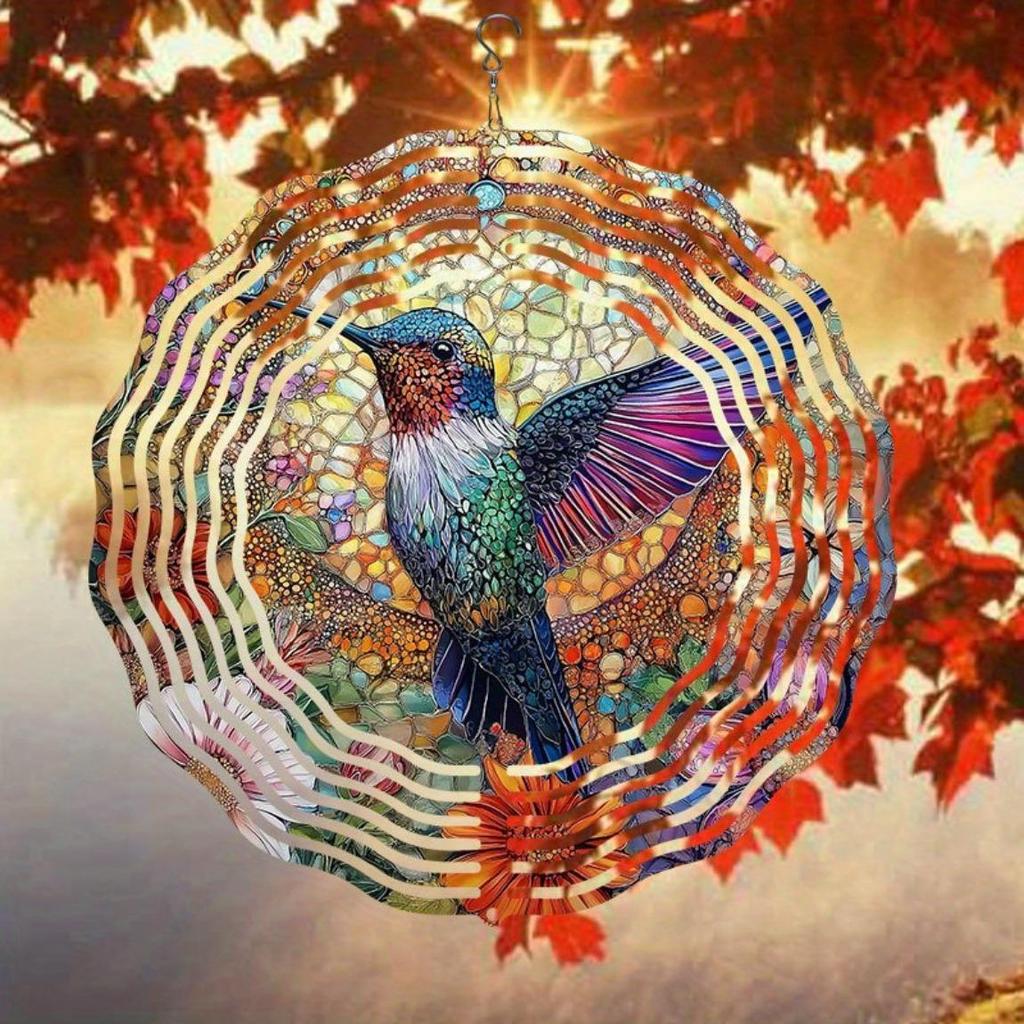 Håndlaget Kolibri Glass Vindspinner – Levende Hage- og Hjemmedekor, Kinetisk Vindklokke med Blomstermotiver