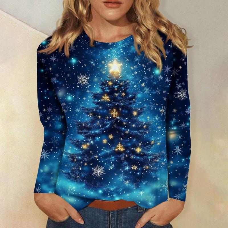 Women's 3D Christmas Snowflake Gradient Print Round Neck Long Sleeve T-shirt Casual Long Sleeve Top Party Loose Women's Top