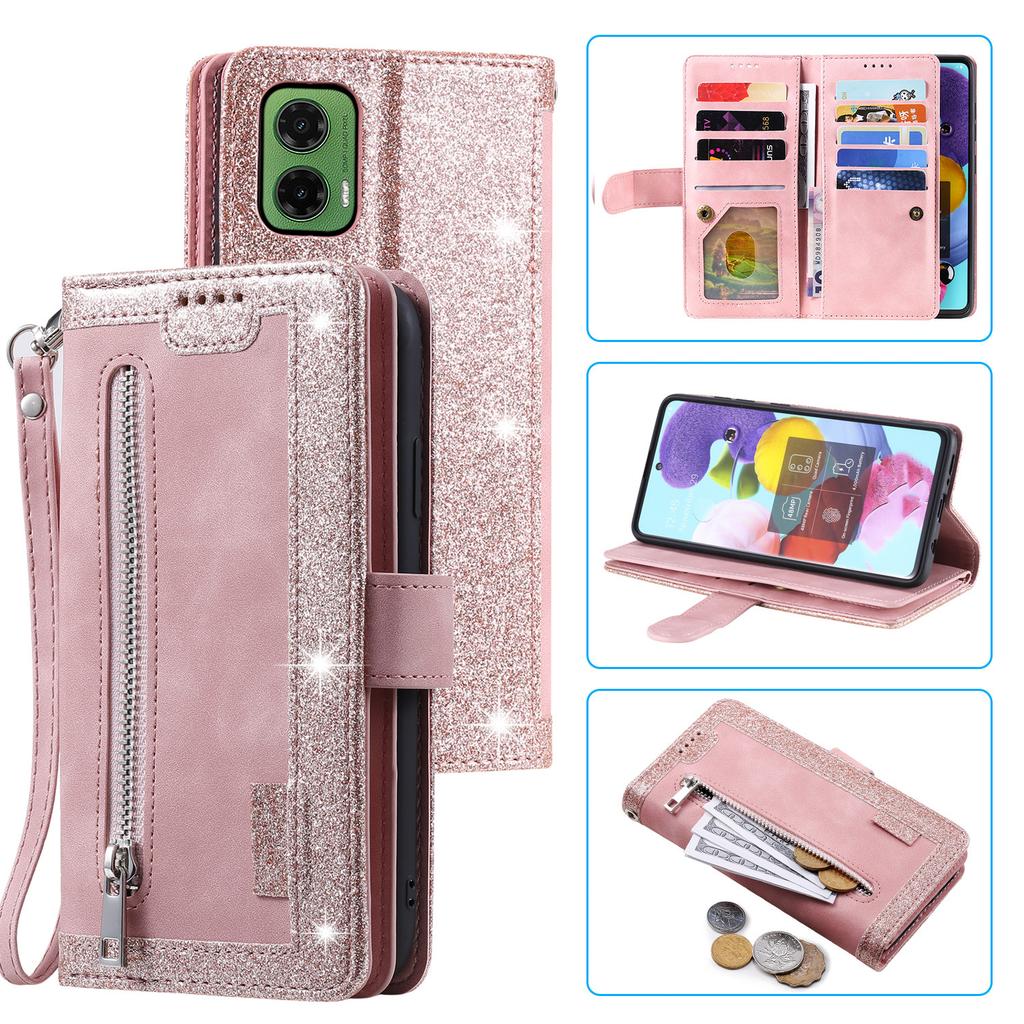 For Motorola Moto G35 5G Case PU Leather Phone Cover with Zipper Wallet 9 Card Slots