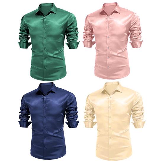 Herren-Hemd aus glänzender Seide wie Satin, langärmelig, lässig, Slim-Fit-Kleiderhemd, einfarbig, Revers-Button-Down-Hemden