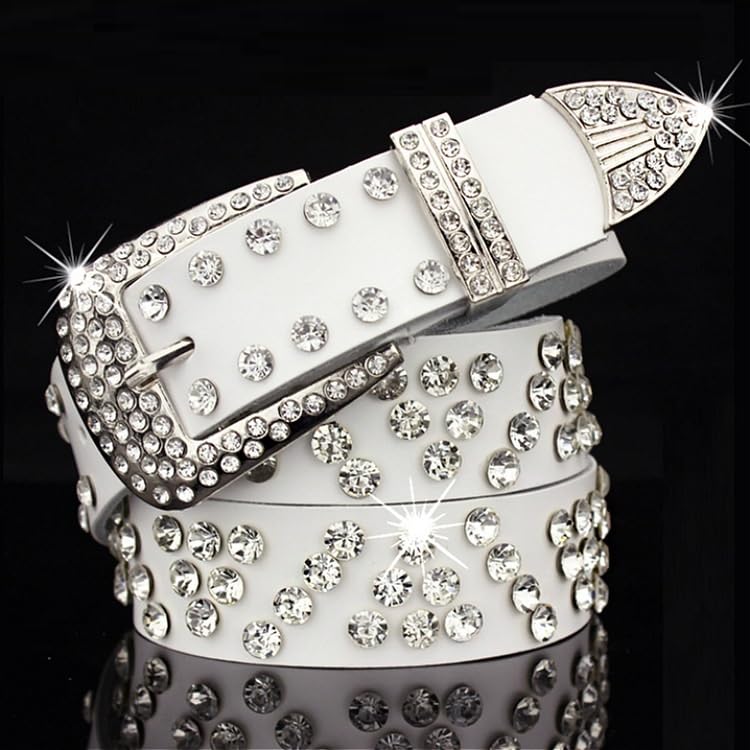 [FleurUneffe] J25 Golf Belt, PU Leather, Men's, Synthetic Leather, White, Rhinestone Studs, Punk, Crystal, Adjustable, Jeans, Golf Wear