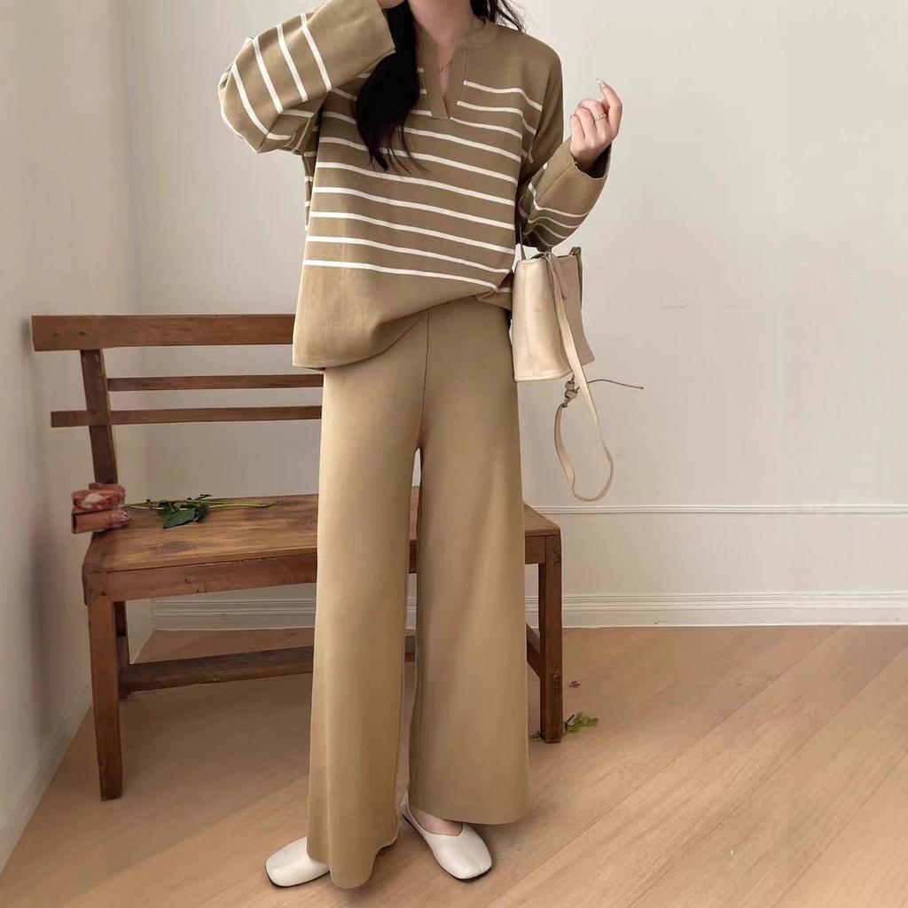 Fashion suit women's Korean version loose striped knitted top two-piece set casual high waist pendant knitted wide-leg pants