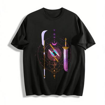 Mystical Astrology Chinese Style Weapon Print Casual Top Trendy Niche Design Loose Crewneck T-Shirt Pure Cotton T-shirt