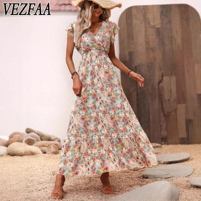Kadın Moda Yaz Bahar Çiçek Desen Baskı Kısa Kollu V Yaka Yüksek Bel Günlük Elbiseler