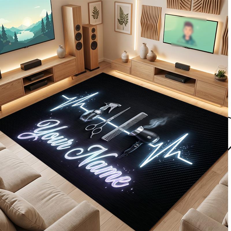 Barbersalon-Thema Weicher Kristall-Samt-Teppich Benutzerdefinierter Druck mit Name & Text Rutschfester Bodenteppich für Schlafzimmer Wohnzimmer