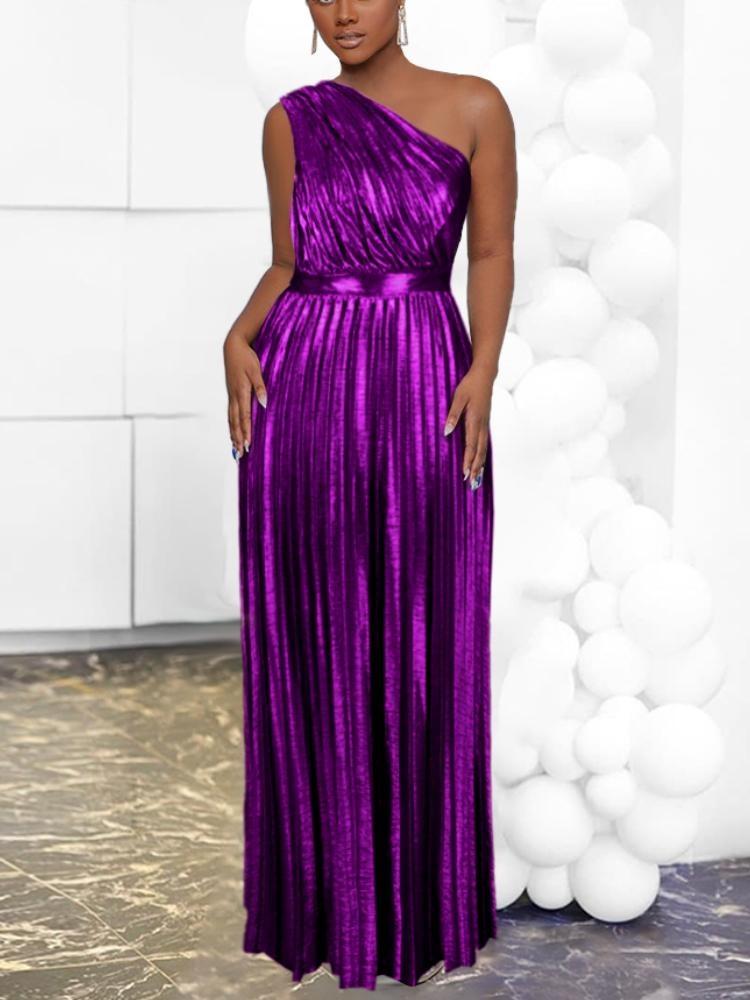 

Элегантное Блестящее Вечернее Платье Женское Роскошные Длинные Платья Макси На Одно Плечо Без Рукавов Металлизированные Плиссированные Блестящие Наряды XL фиолетовый