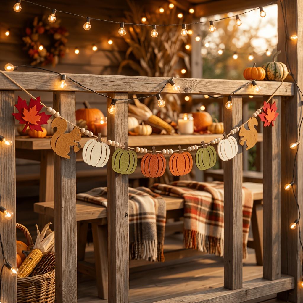 1Pc Autumn Harvest Country Style Party Banner, Pre-Assembled Squirrel Pumpkin Maple Leaf Flag String, Thanksgiving Indoor And Outdoor Rustic Style