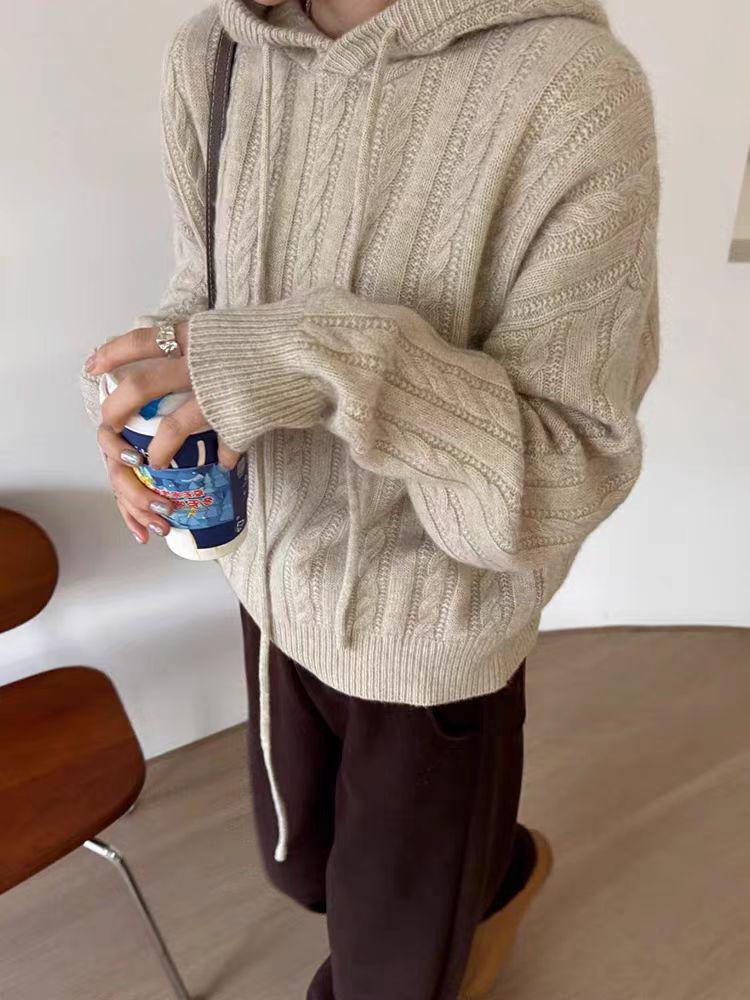 Women's Hooded Pure Wool Cable Knit Sweater - Loose Slimming Fit, Solid Color, Ideal for Autumn/Winter