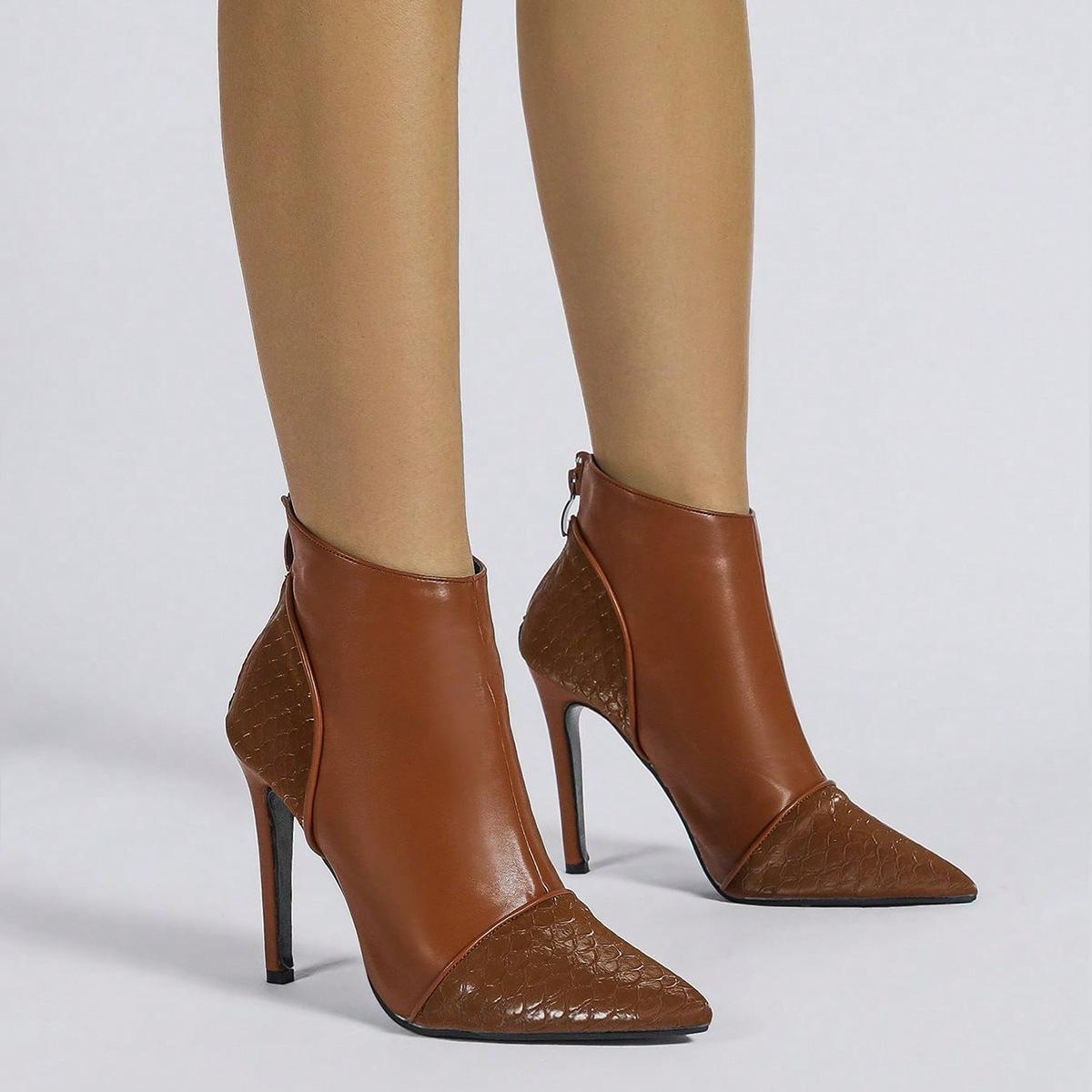 

Женская мода осень-зима на высоком каблуке, тонкие короткие сапоги с застежкой-молнией сзади, женские ботильоны в стиле пэчворк с мягким острым носком 42 коричневый