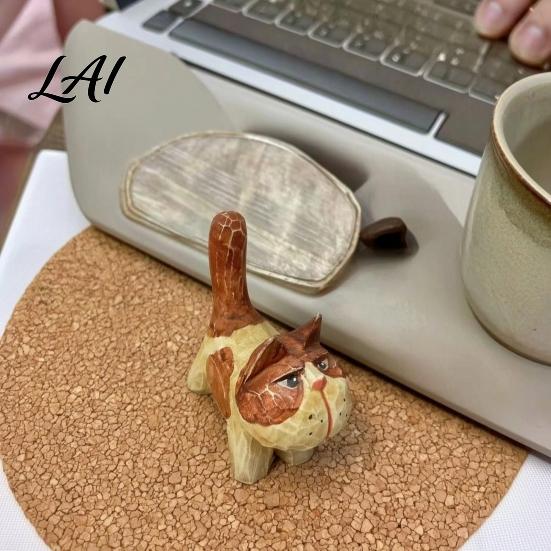 Handmade Wood Cat Ornaments Tabby Figurine with Painting Hand Carved Basswood Retro Style Wooden Animal Sculptures Statue Art Ornament for