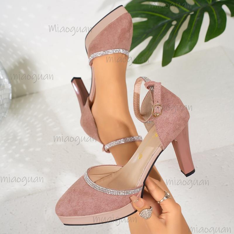Size 34-43 Heels for Ladies Crystal Rhinestone Ankle Strap Platform Sandals Suede Leather High Heel Women's Dress Shoes Elegant