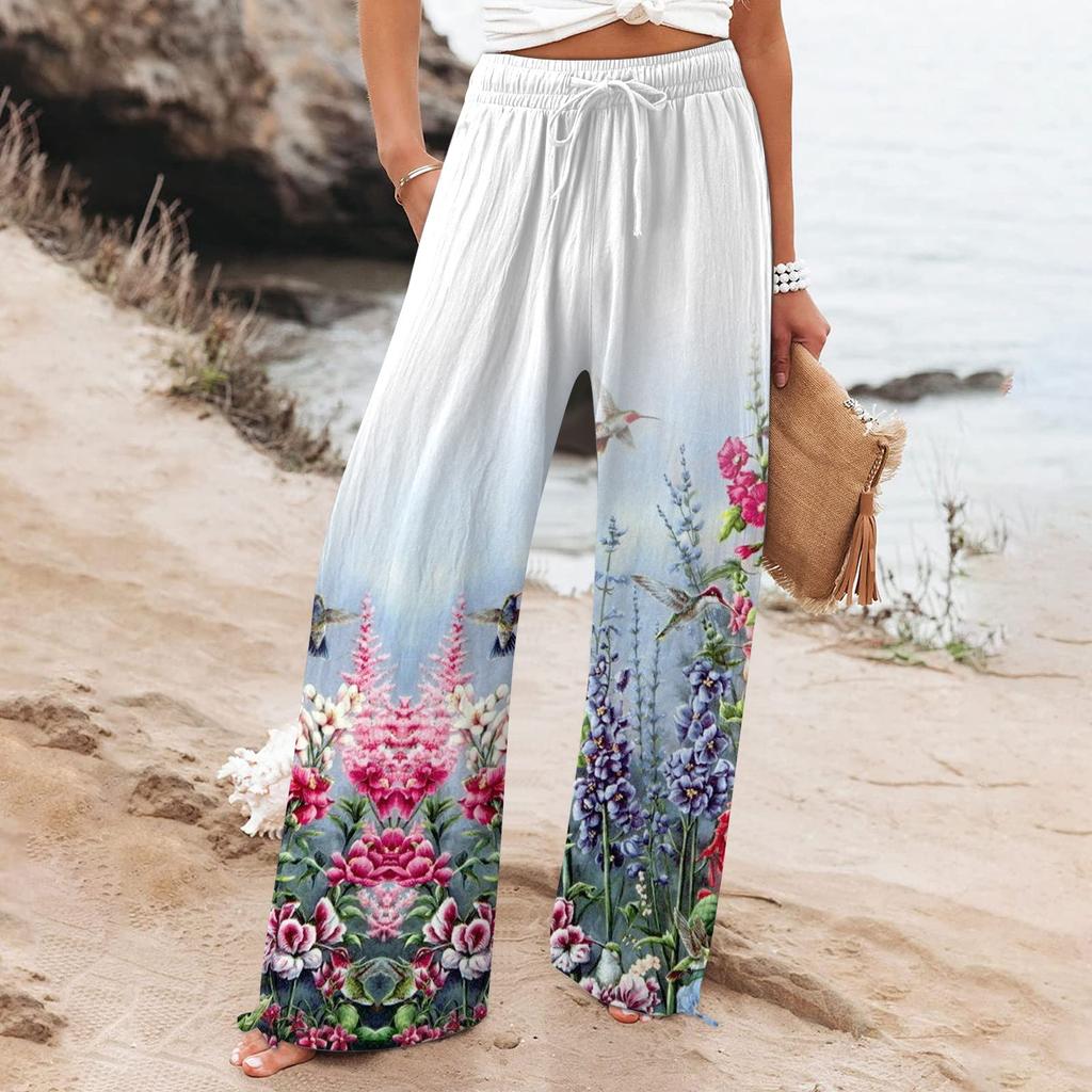 Women's  Casual Loose High Waist Cotton Linen Wide Leg Long Pants With Pockets