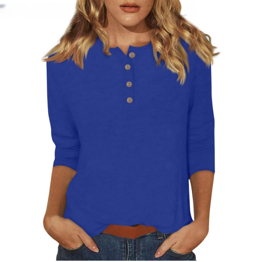 Women's Long Sleeve Round Neck Button Detail Blouse Solid Color Casual Top