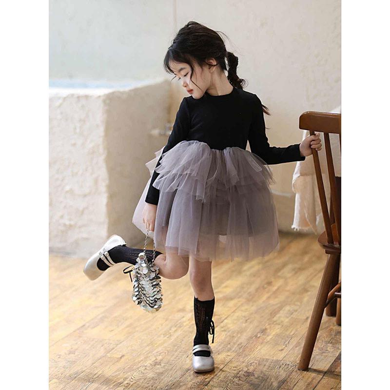 Korean Style Girls Puffy Princess Dress - Long Sleeve Mesh Gauze Skirt for Spring & Autumn 110cm