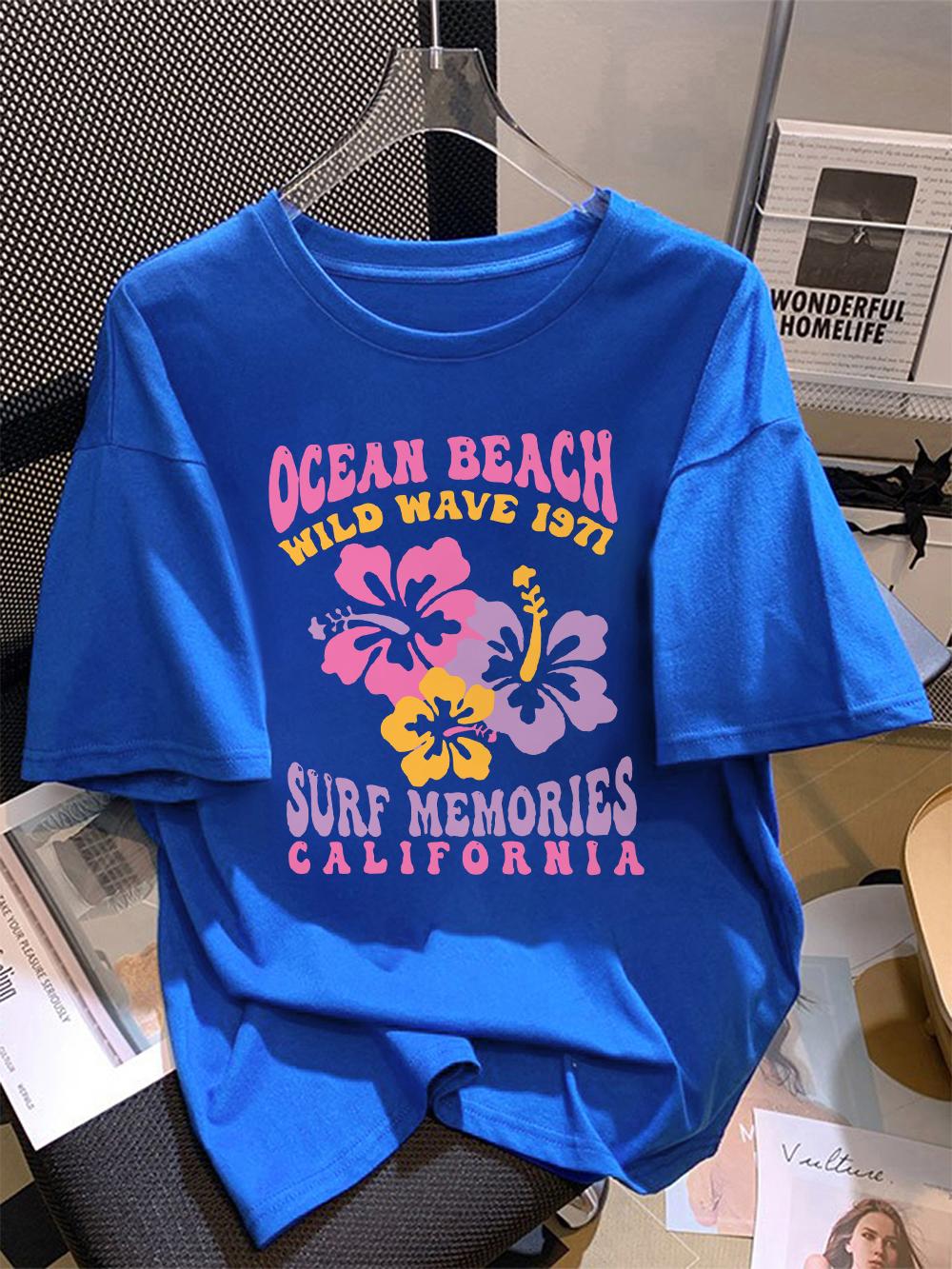 

Летние футболки женские хлопковые Океан Пляж Дикая Волна 1971 Цветочный принт Топы с круглым вырезом Удобные свободные футболки Повседневная одежда S