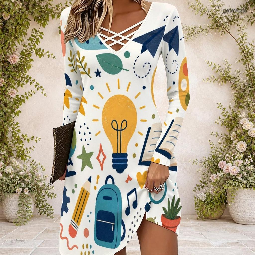 Women Criss Cross V Neck Long Sleeve Cartoon Excavator Printed Fitted Curved Hem Dress