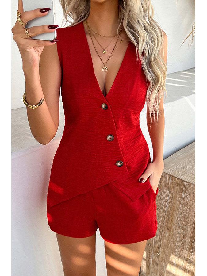 European & American Summer Fashion: V-Neck Irregular Vest and Shorts Set