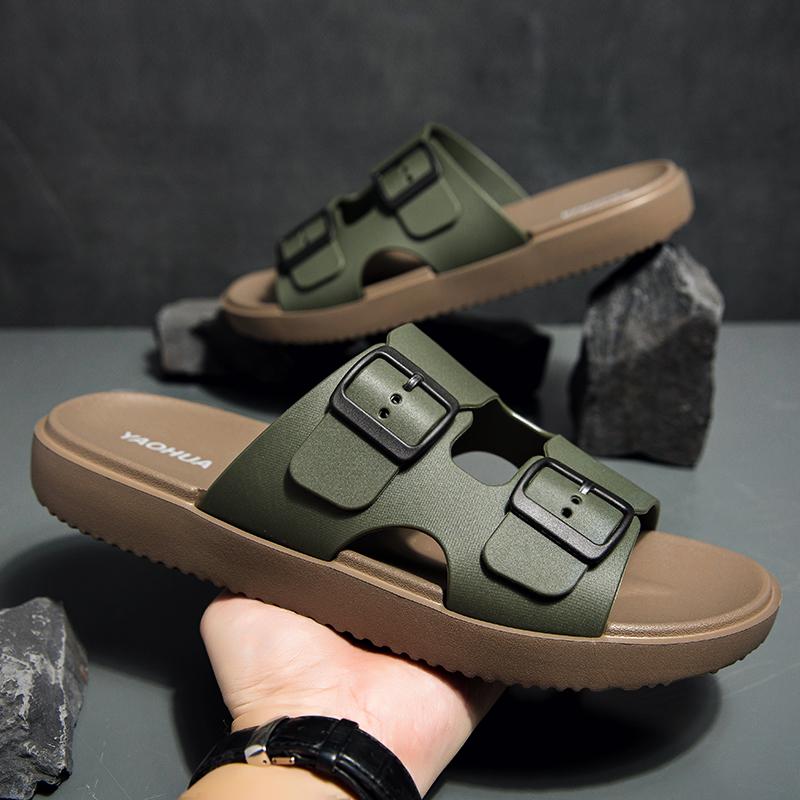Fashion Summer Men Women's Flip Flops Outdoor Anti-slip Fashionable Retro Buckle Thick Bottom Sandals Beach Shoes Slip-On PVC Material