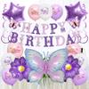 Purple Butterfly Theme Birthday Balloon Set with Pull Flag and Foil Balloons