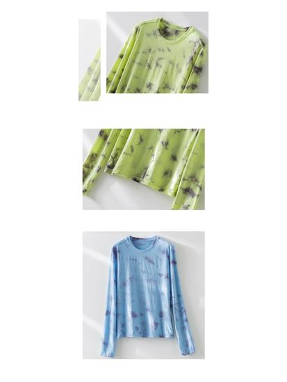 Women's Long Sleeve Tie-Dye Merino Wool T-Shirt: Machine Washable, Round Neck, Loose Fit, Comfortable & Breathable - Spring Arrival
