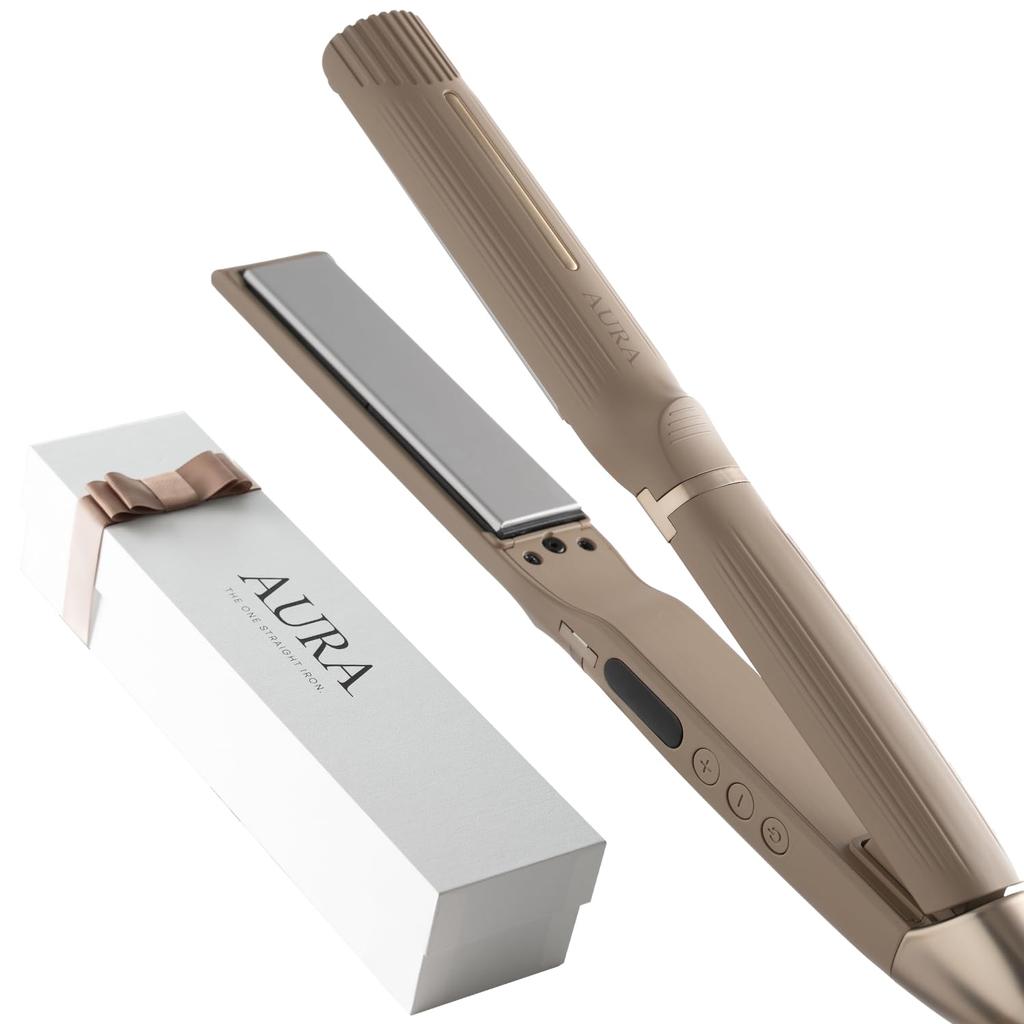 AURA Professioneller Haarglätter, 24mm Kaschmir-Platten, 18 Temperatureinstellungen, Bis zu 220°C in 30 Sekunden, Braun, Antistatisch, 2,5m Kabel, Beige