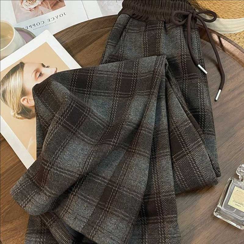 Pants for Women  High Waist Long Trousers Plus Size Double Layer Versatile Casual Plaid High Waist Drawstring Pants