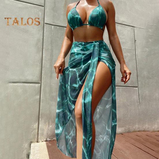 3 ks/sada Dámské plavky Set na zavazování Šněrovací ohlávka Krk Barva Odhalující Vysoký pas Bezdrátové Letní Plážové Plavky Plavky Plavky Wading