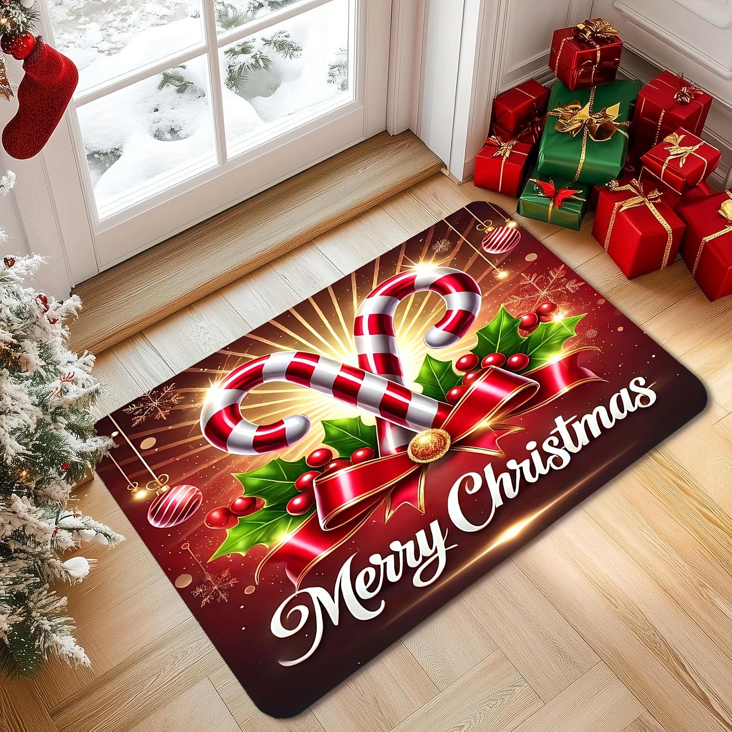 

Christmas Doormat with Red Bow and Candy Cane, Flannel Polyester Mat, Non-Slip Machine Washable for Festive Entryway Decor 40x60cm