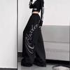 Pantaloni Larghi Sportivi Neri con Diamanti Caldi per Bambini Street Dance Danza Jazz Pantaloni Casual a Straccio Stampa Lettere con Strass Pantaloni Casual