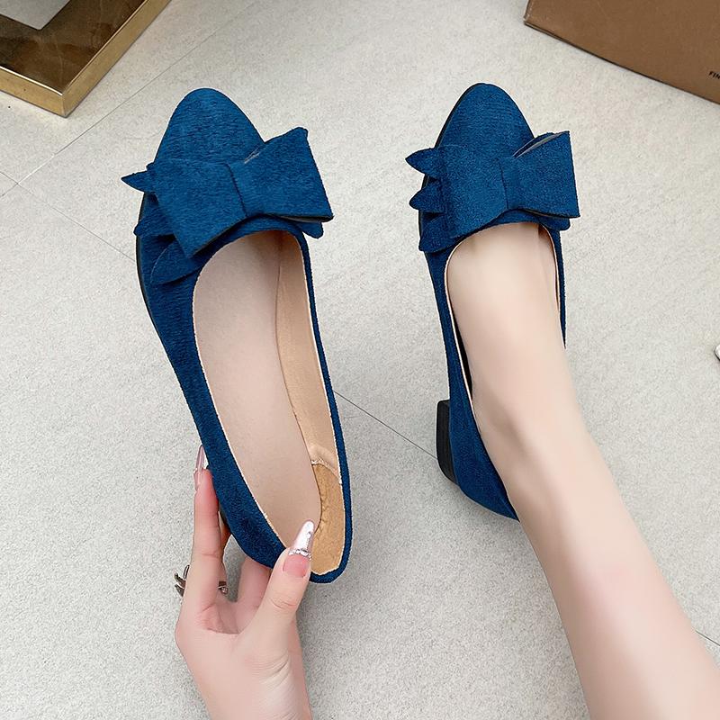 Women Big Bow Flats Fuchsia Antiskid Square Toe Shoes for Wide Feet Flock Chaussure In Green Khaki Ballet Slip-On Red