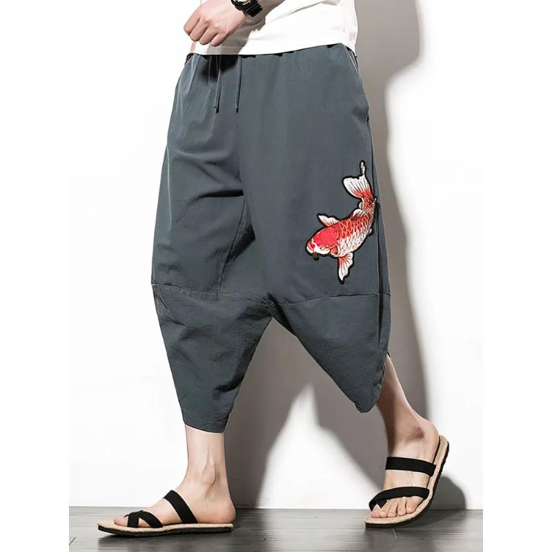 

Chinese Embroidery Summer Linen Shorts Men Baggy Wide Leg Casual Capris Pants Sport Running Short S зелёный
